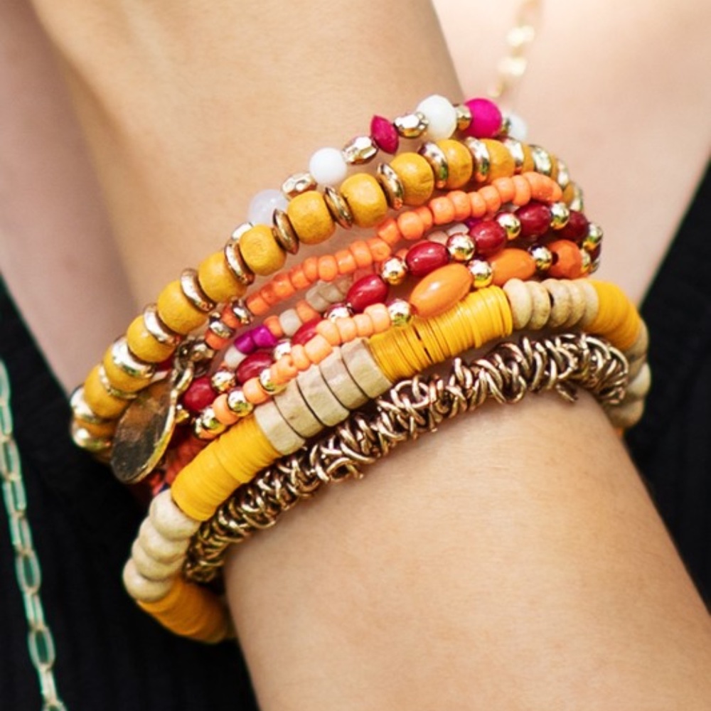 Mango Tango Boho Multi Stacked Mixed Bead Beaded Stretch Bracelet - Picture 2 of 5